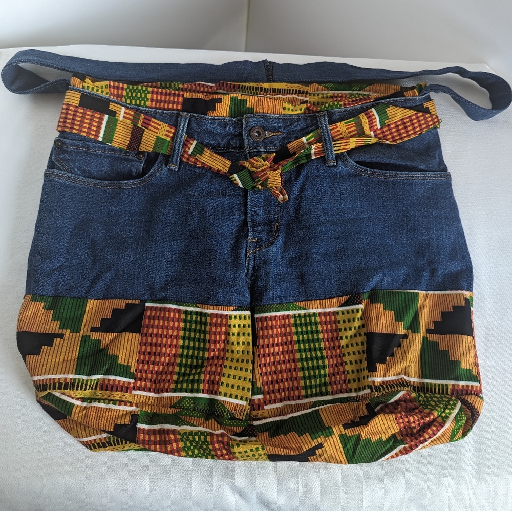Handmade Kente Cloth and Levi Jean design Handle Shoulder Bag
